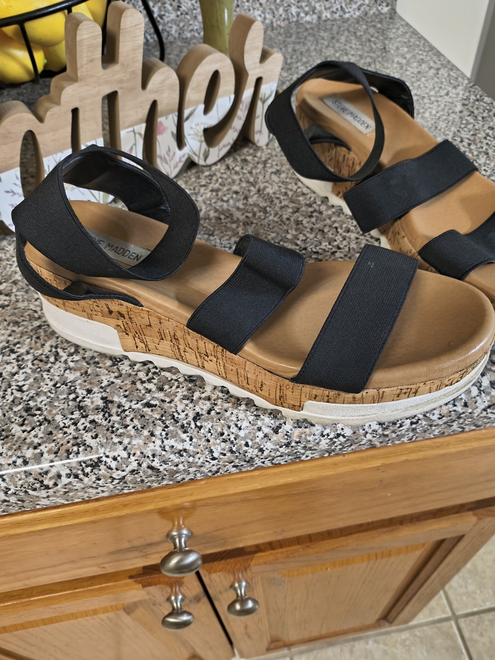 Steve Madden Black Elastic Cork Wedge Sandals